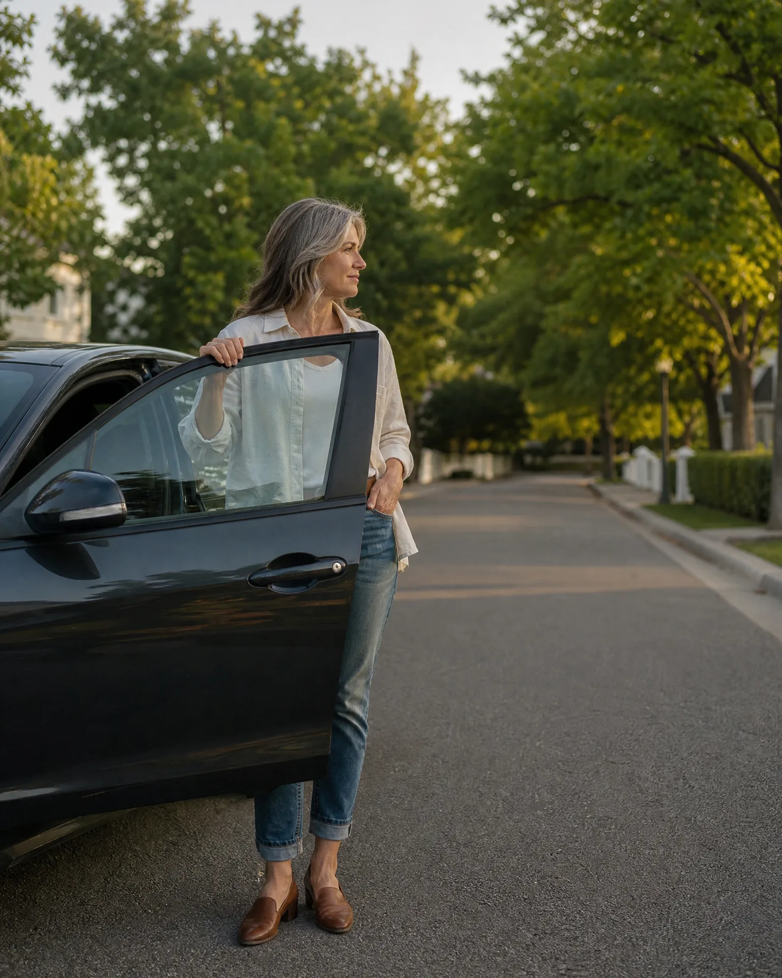 A woman with long gray hair in a white shirt, jeans, and brown loafers stands beside the open door of a dark car on a tree-lined residential street.