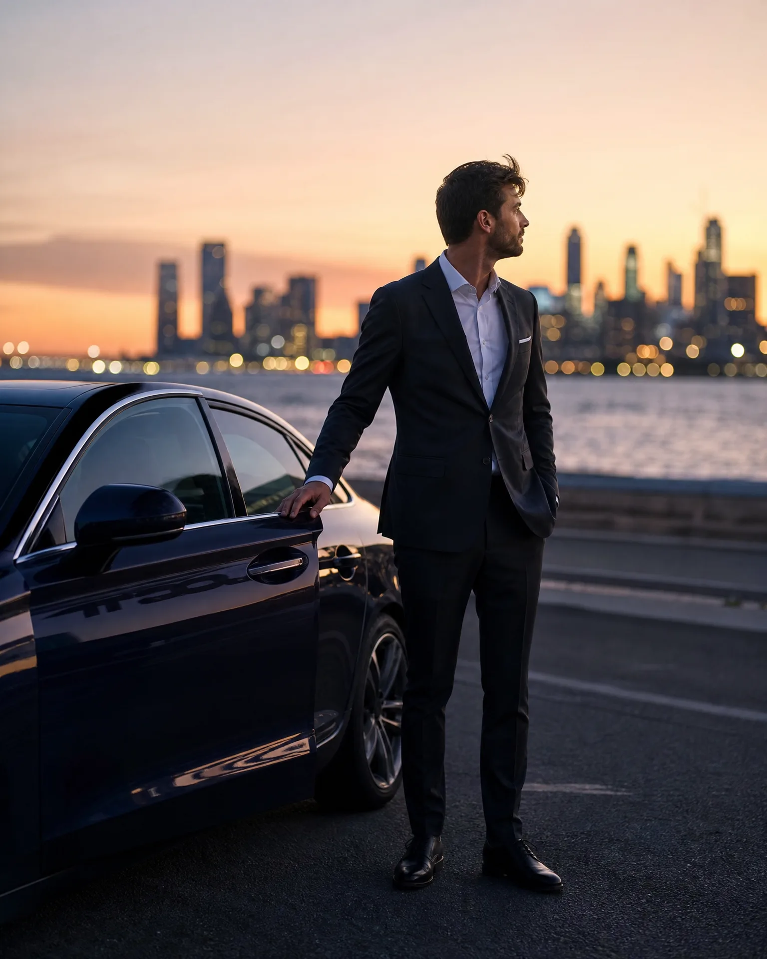 A man in a dark suit and open-collar white shirt stands beside an open door of a dark sedan on pavement, with water and a city skyline at sunset behind him.