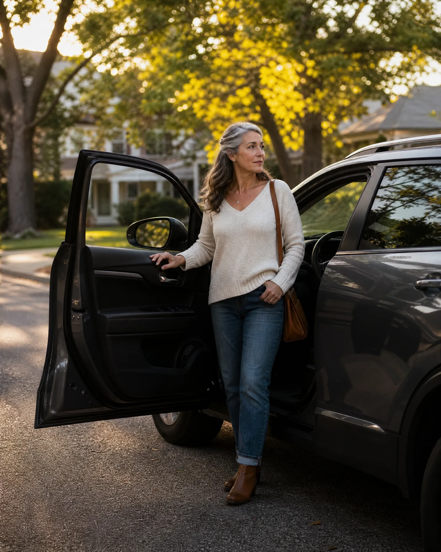 A woman in a cream sweater, jeans and brown ankle boots stands beside the open driver's door of a dark SUV on a tree-lined residential street.
