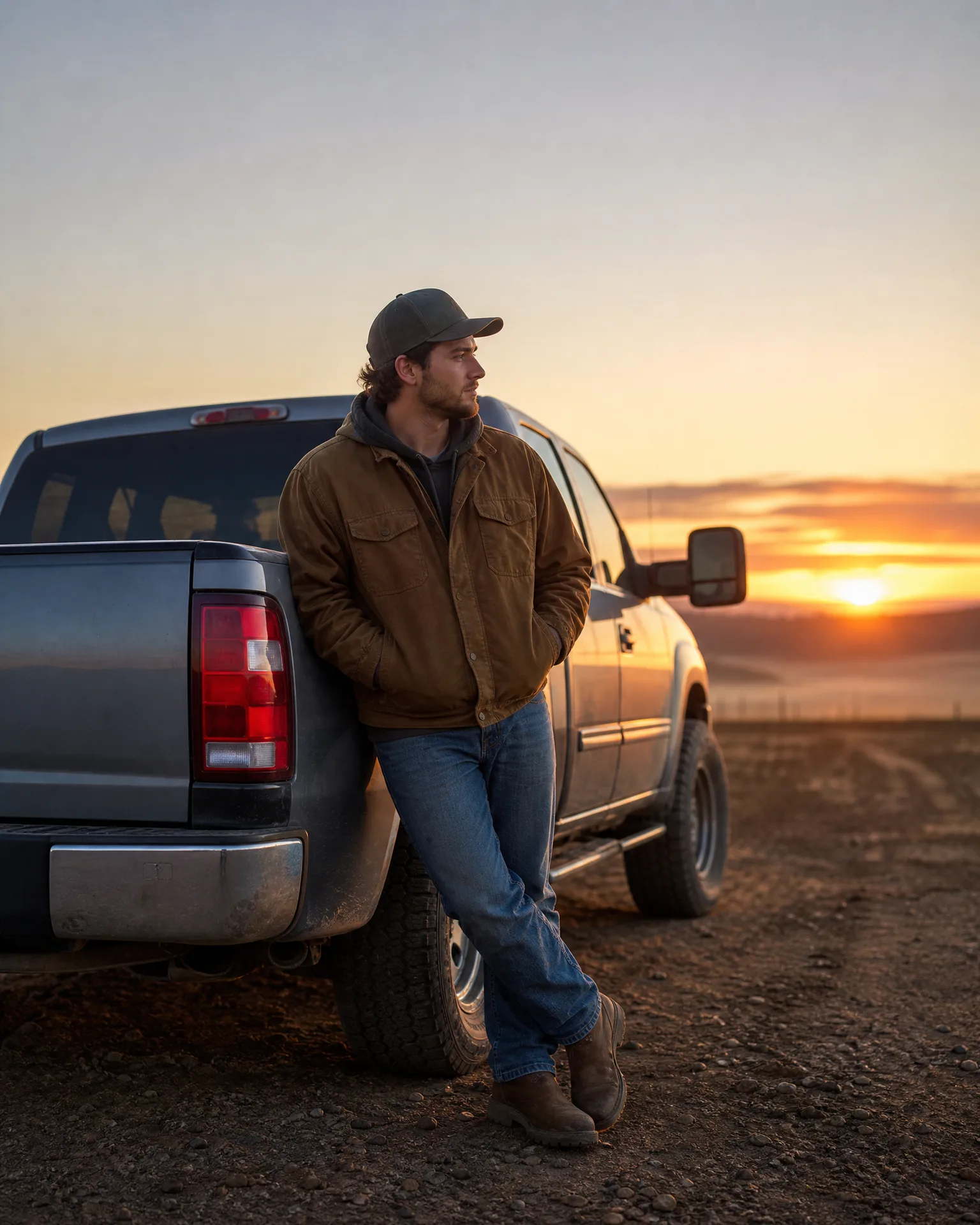 A man in a cap, brown jacket, jeans and boots leans against the rear of a gray pickup truck parked on bare gravel ground at sunset.