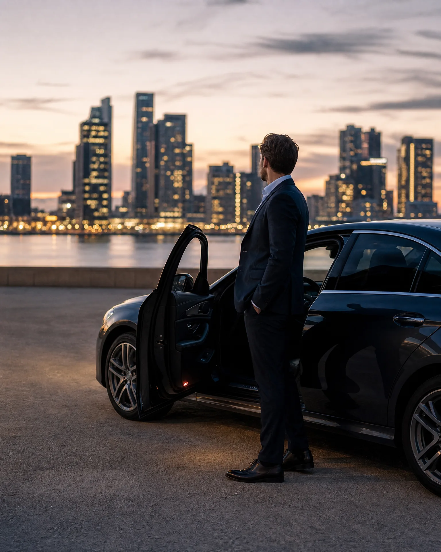A man in a dark suit stands beside a black sedan with its rear door open on a paved waterfront area, facing a city skyline across the water at dusk.