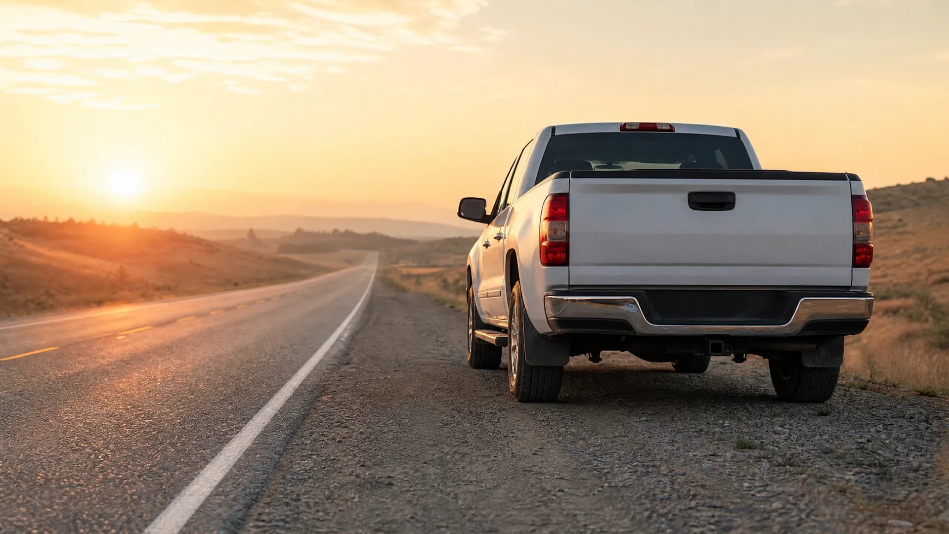 A white crew-cab pickup truck parked on the gravel shoulder of a two-lane road at sunset, with dry grassy hills and distant ridges in the background.