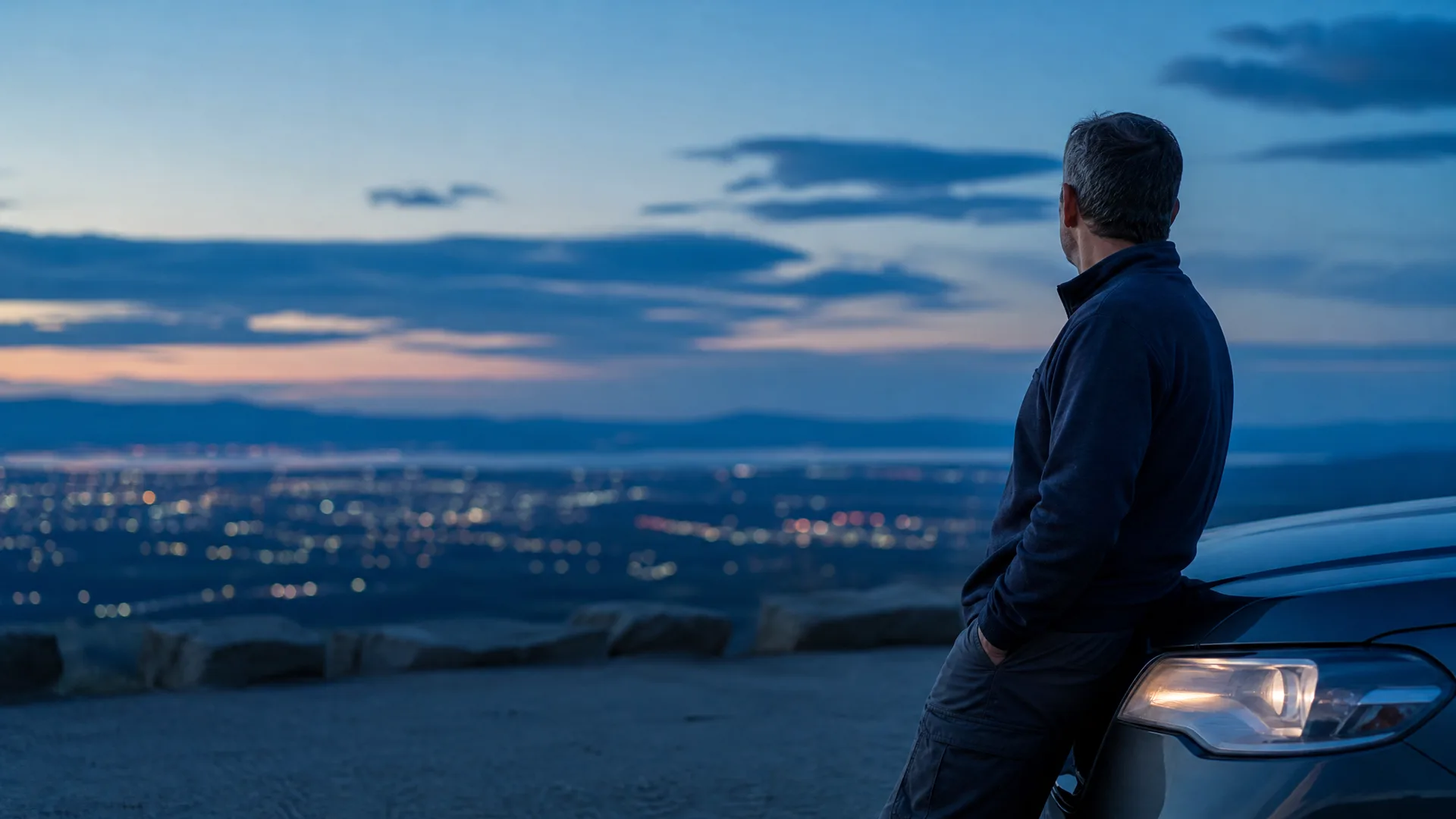 A man in a dark jacket leans against the front of a car on a gravel overlook at dusk, facing a valley of city lights with distant hills under a blue sky.