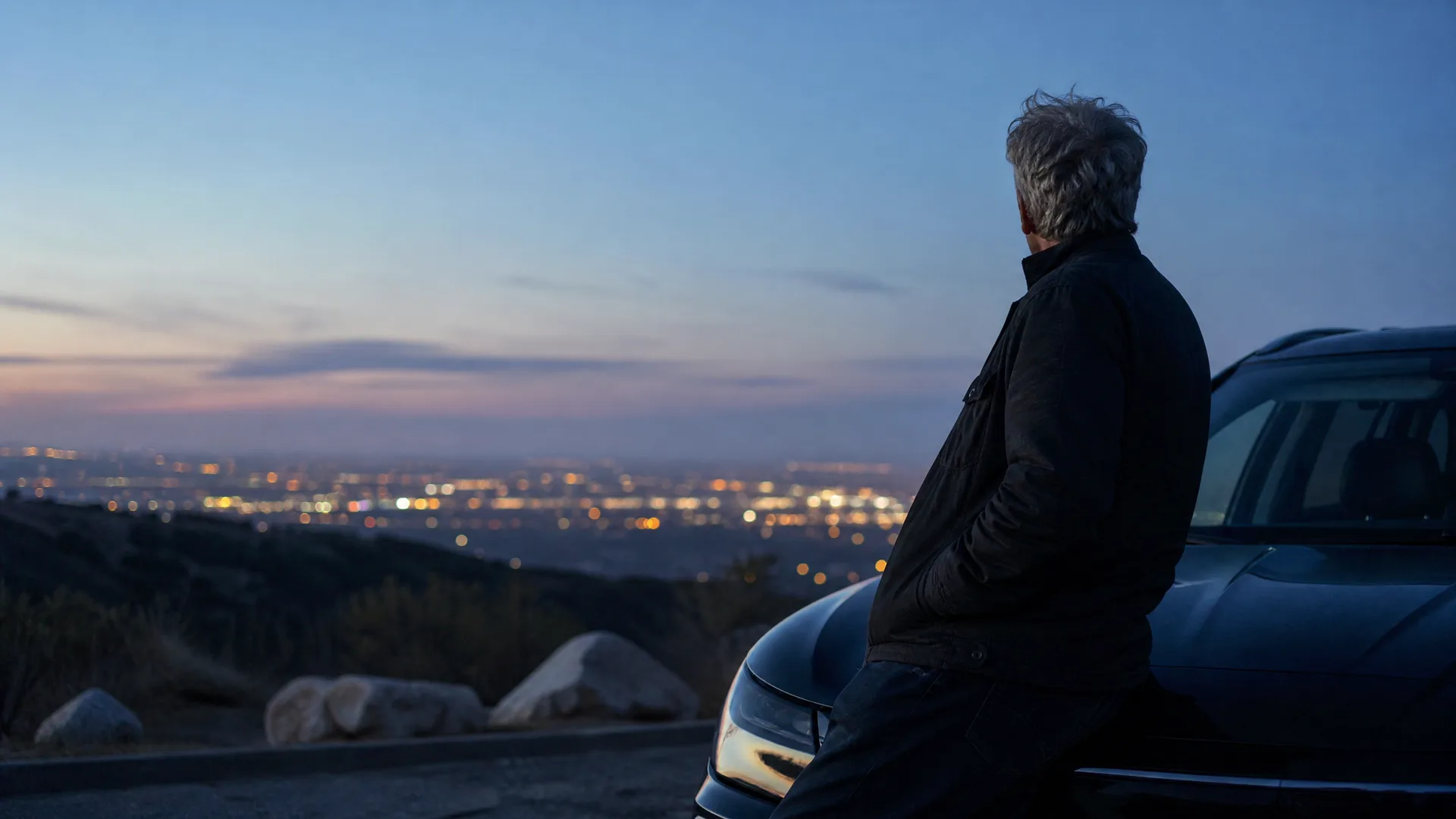 A gray-haired person in a dark jacket leans against the front of a dark SUV on a hillside at dusk, looking out over distant city lights.