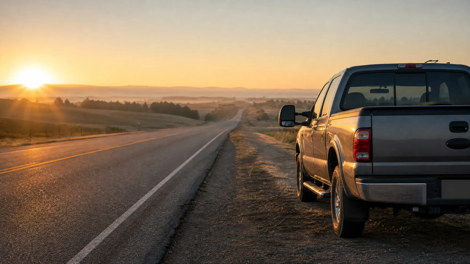 A silver pickup truck parked on the gravel shoulder of a two-lane road at sunrise, with low hills and open grassland in the distance.
