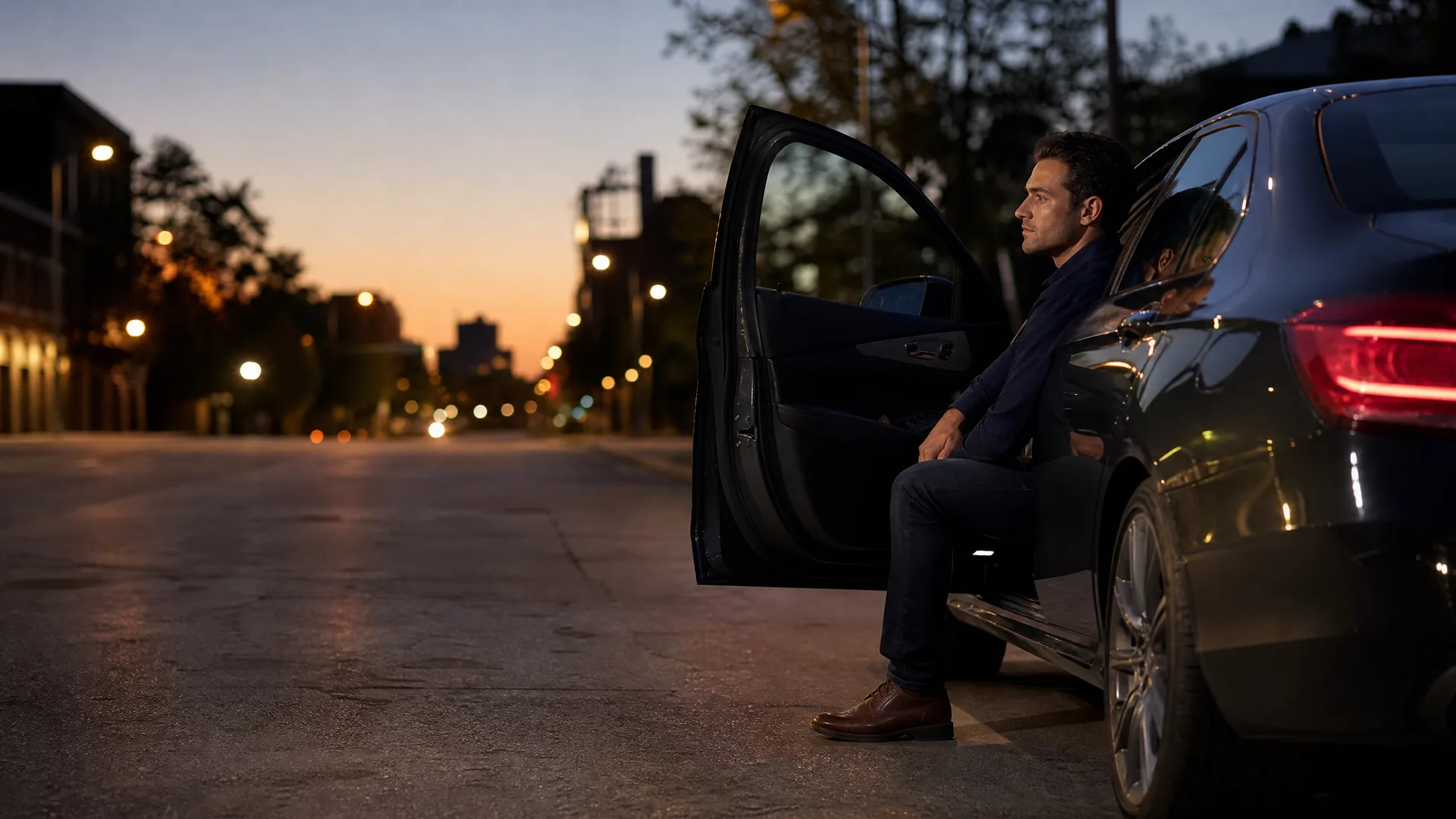 A man in a dark jacket and jeans sits sideways in the open doorway of a dark sedan parked on a city street at dusk, with blurred streetlights and buildings in the background.