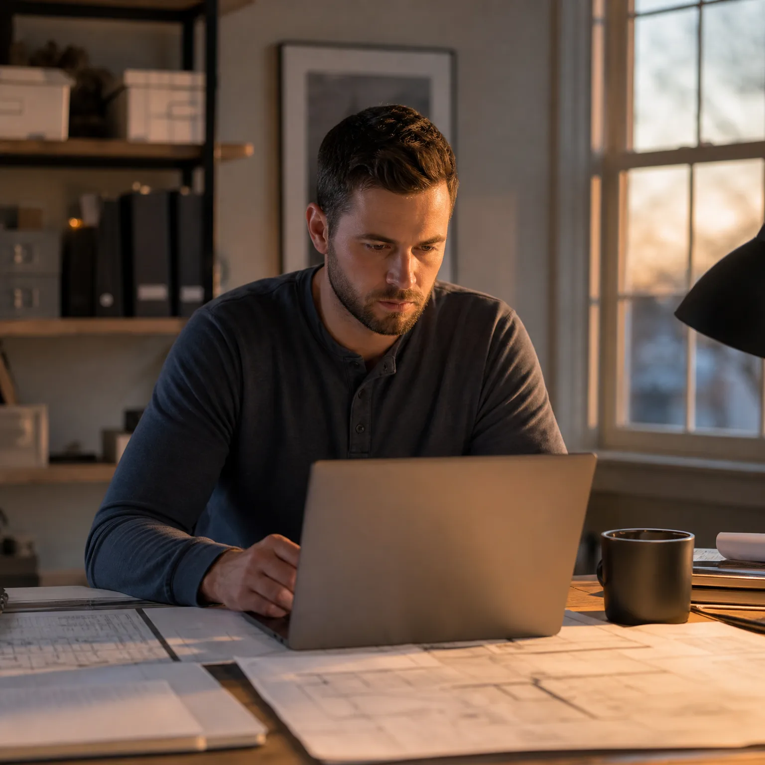 A man in a dark long-sleeved henley sits at a desk using a laptop, with architectural drawings spread in front of him, a dark mug to the right, a window with warm light behind, and shelving with boxes and binders in the background.