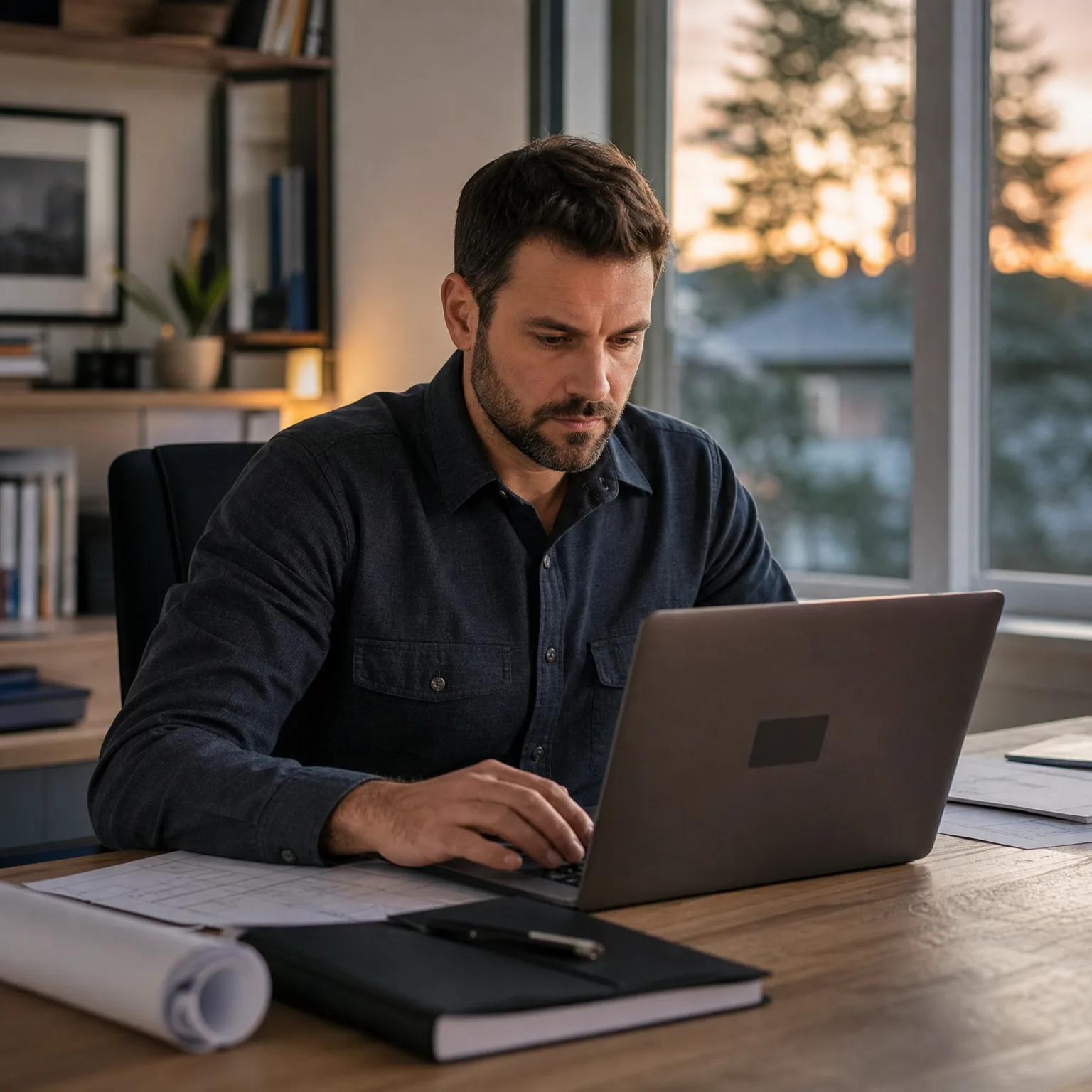 A bearded man in a dark shirt sits at a wooden desk typing on a laptop, with rolled drawings, a notebook and pen in front of him and a large window showing trees at dusk behind.
