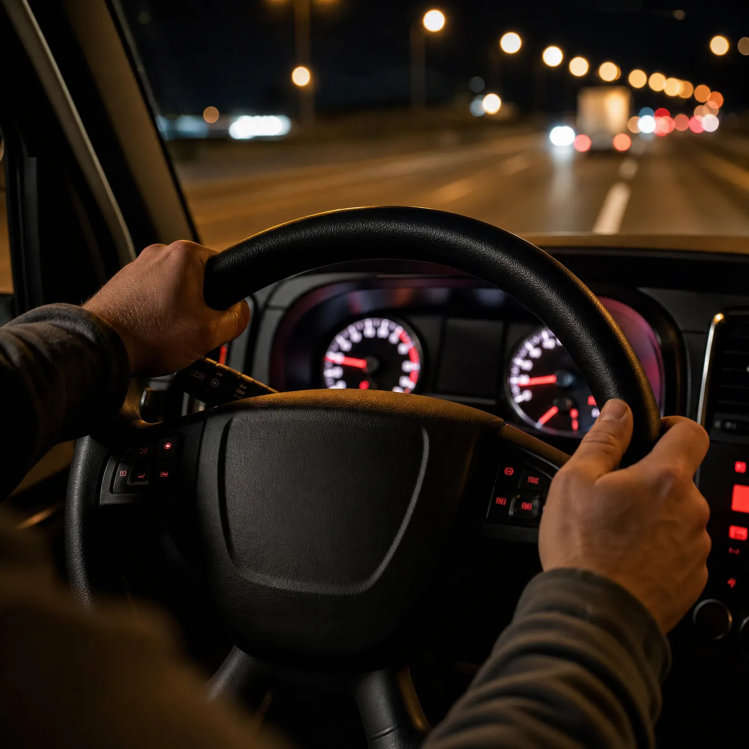View from a driver's seat at night showing two hands gripping a steering wheel, illuminated instrument dials, and a multi-lane road with streetlights and vehicle lights ahead through the windshield.