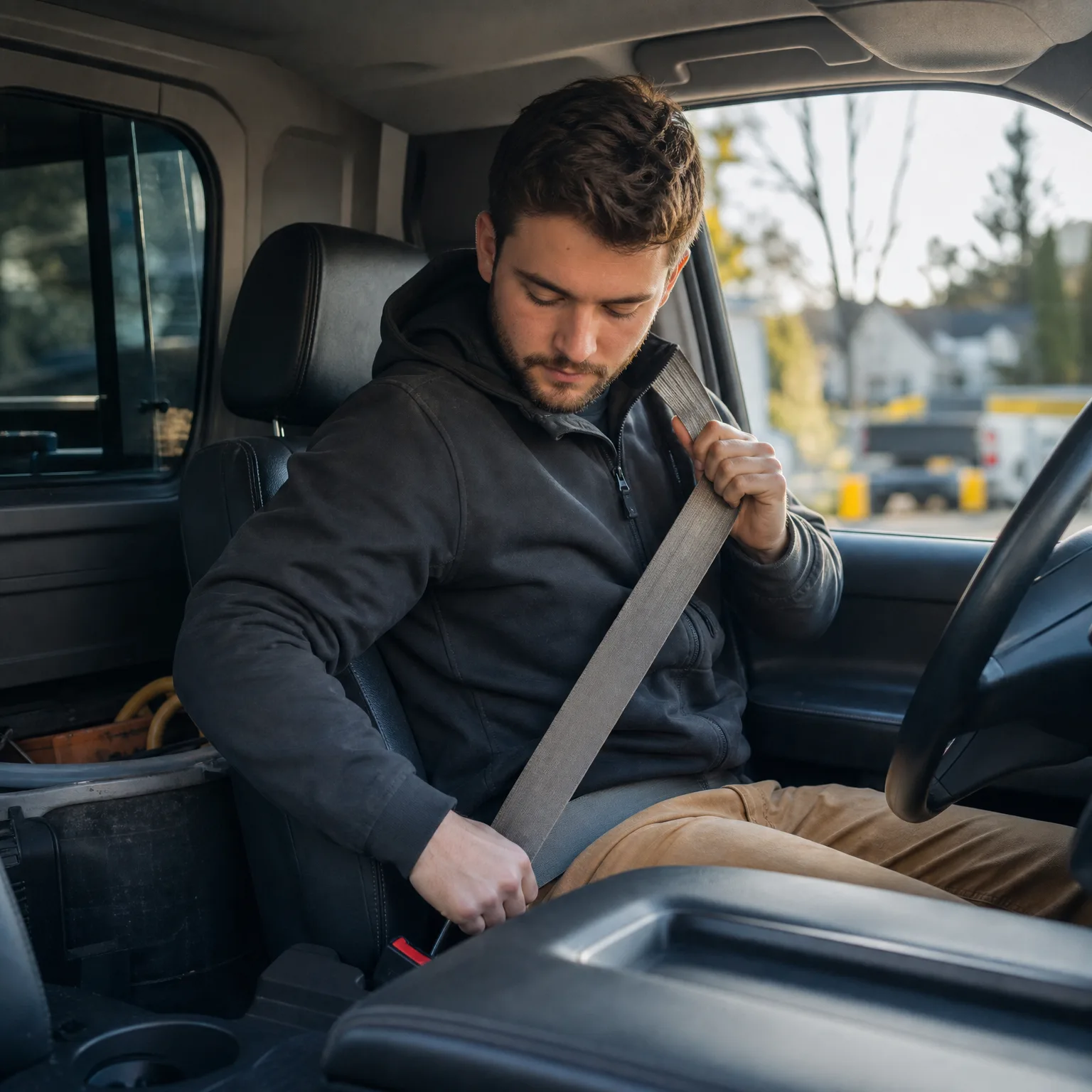 A bearded man in a dark hooded jacket and tan pants sits in a vehicle's driver seat, pulling the seat belt across his chest toward the buckle, with trees and buildings visible through the open window.