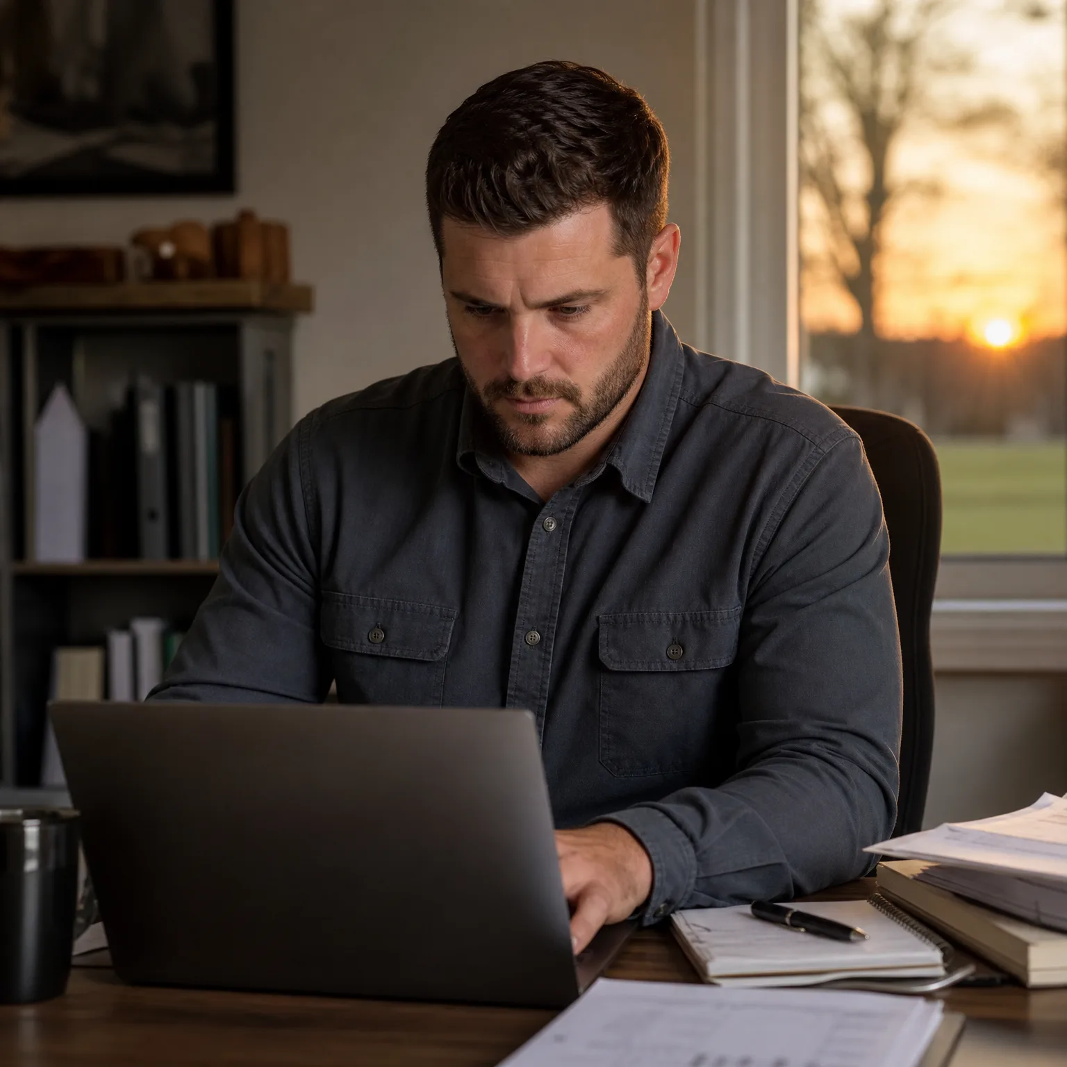 A bearded man in a dark button-up shirt sits at a wooden desk typing on a laptop, with papers, a notebook with a pen, a bookshelf, and a window showing a sunset behind him.