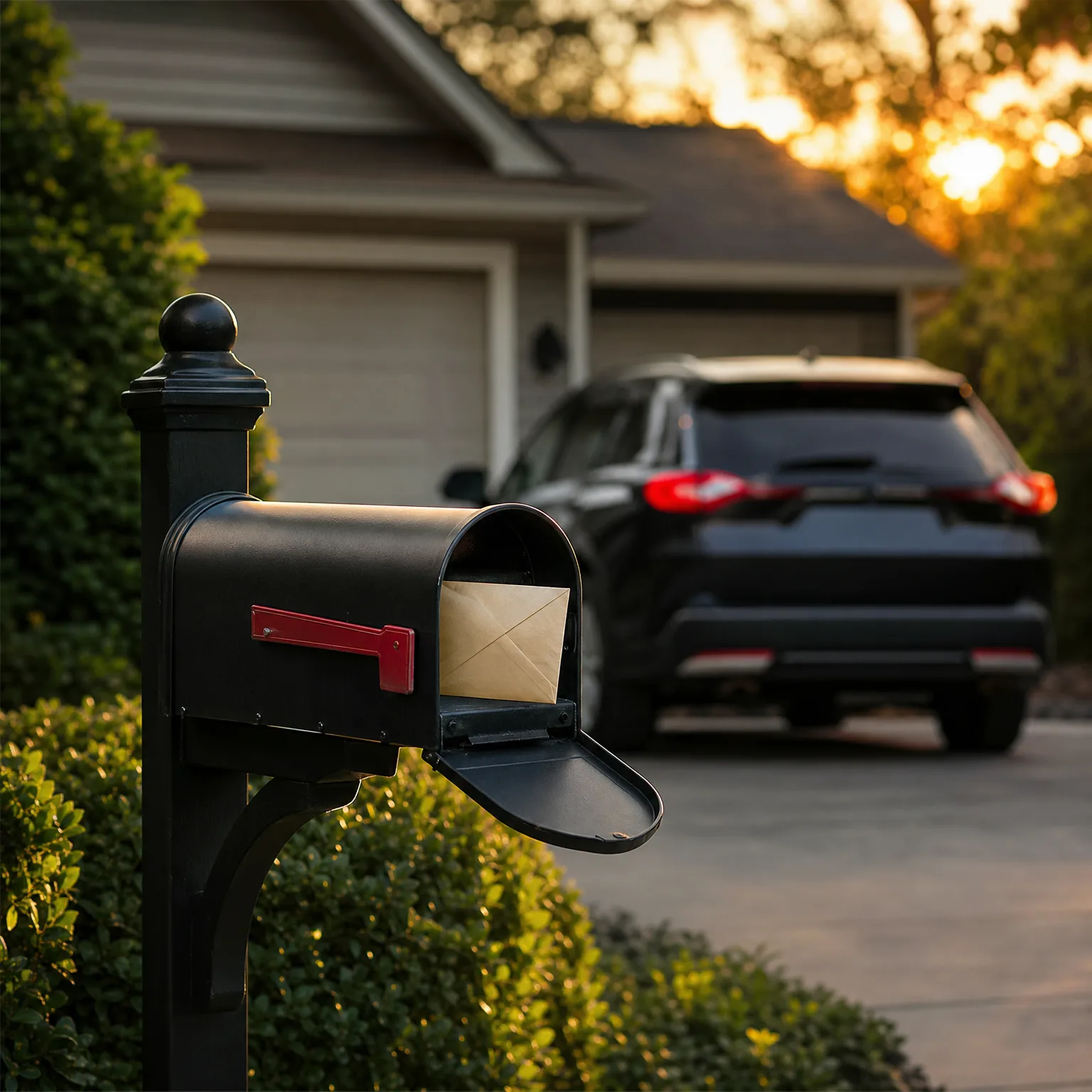 An open black mailbox with a red flag and a tan envelope inside, mounted on a post beside shrubs, with a dark SUV parked in a driveway in front of a garage at sunset in the blurred background.