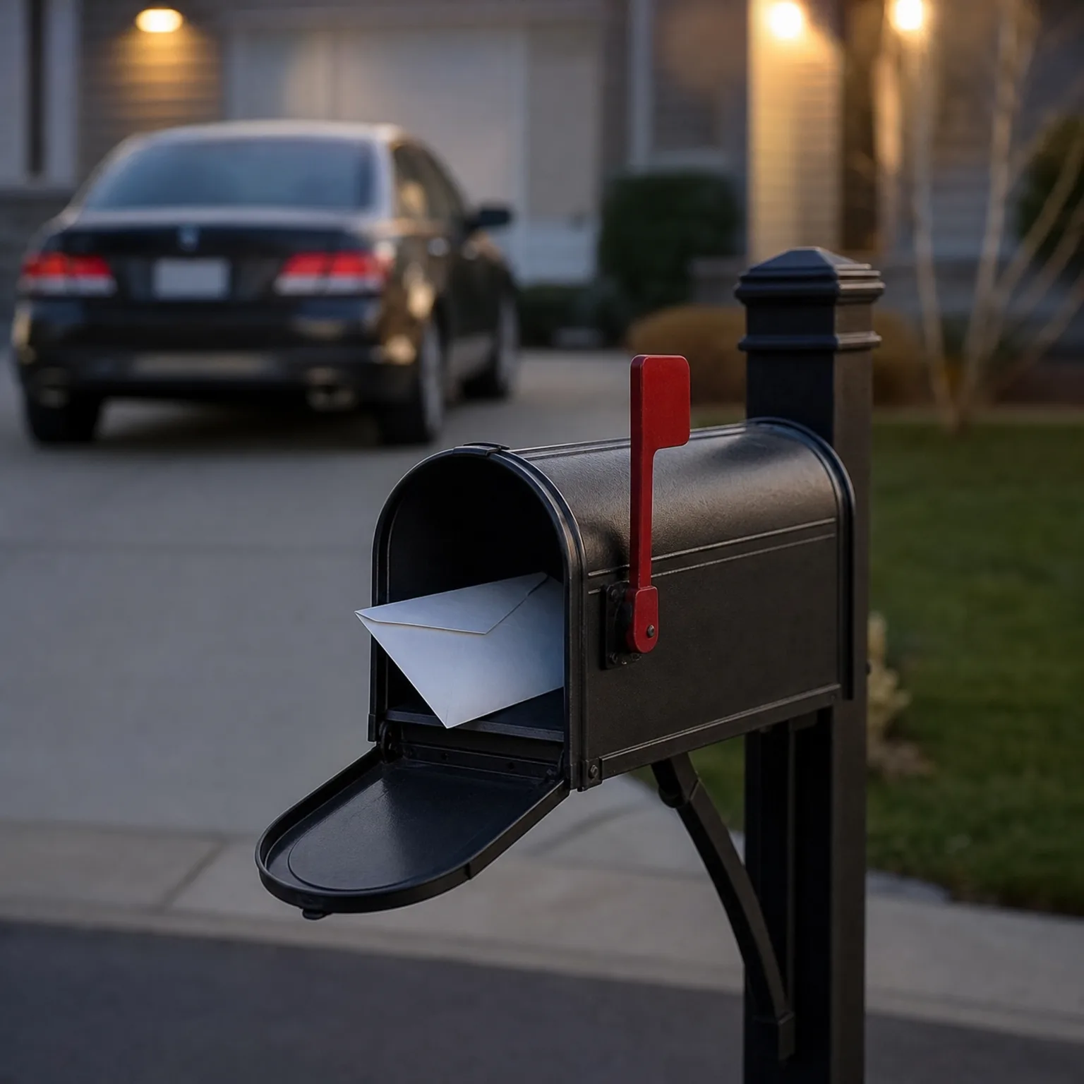 An open black mailbox with a raised red flag holds a white envelope, with a dark sedan parked in a driveway in front of a house blurred in the background.