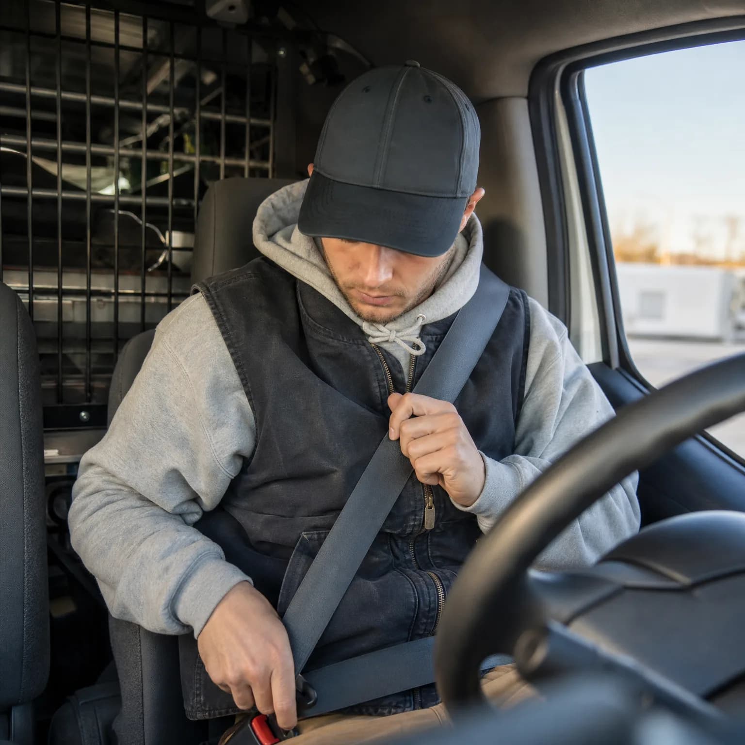 A man in a dark cap, gray hoodie and work vest sits in the driver's seat of a van, fastening his seat belt, with a cargo partition behind him and the steering wheel in the foreground.