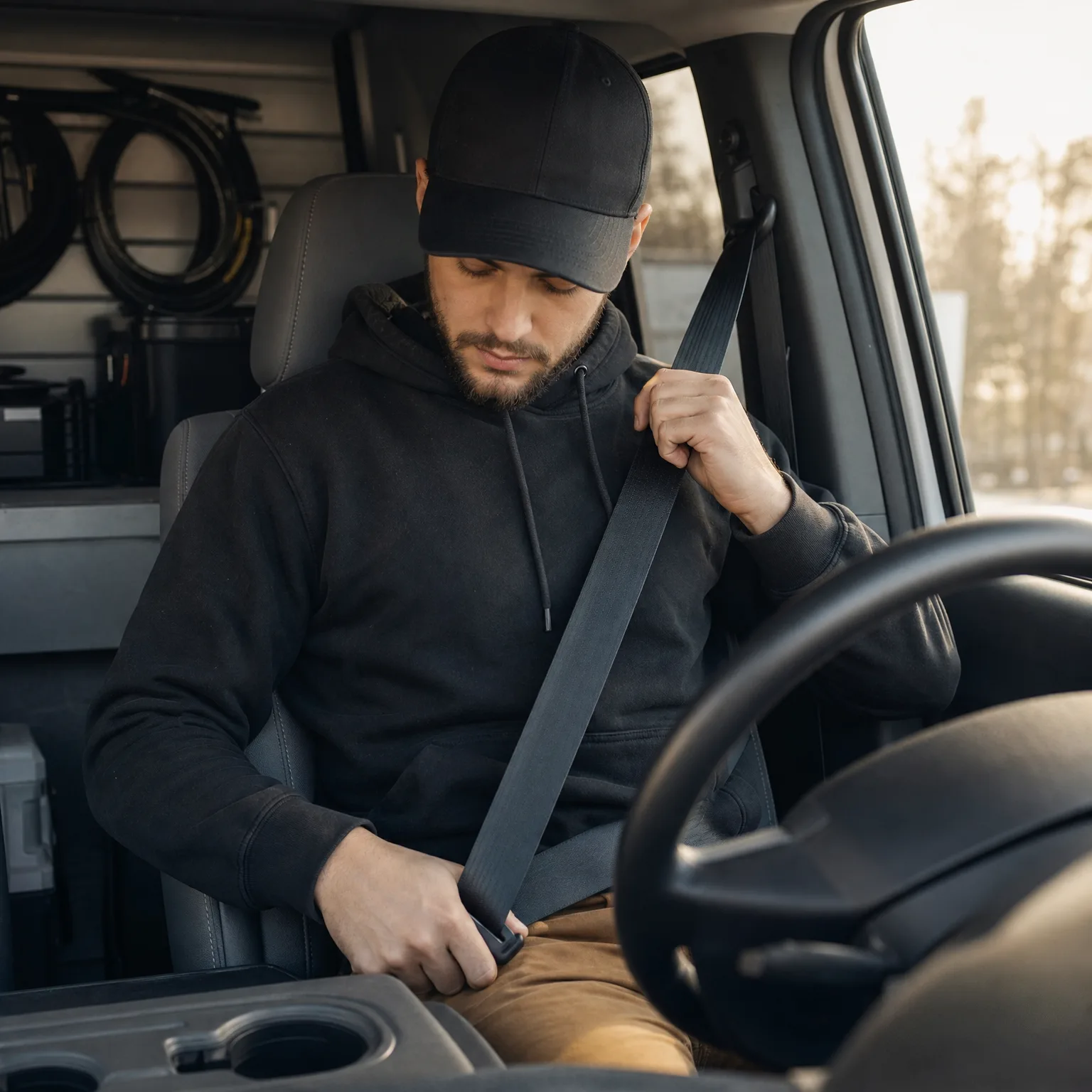 A bearded man in a black cap and black hoodie sits in a vehicle's driver seat, fastening his seat belt, with a steering wheel in the foreground and trees visible through the window.