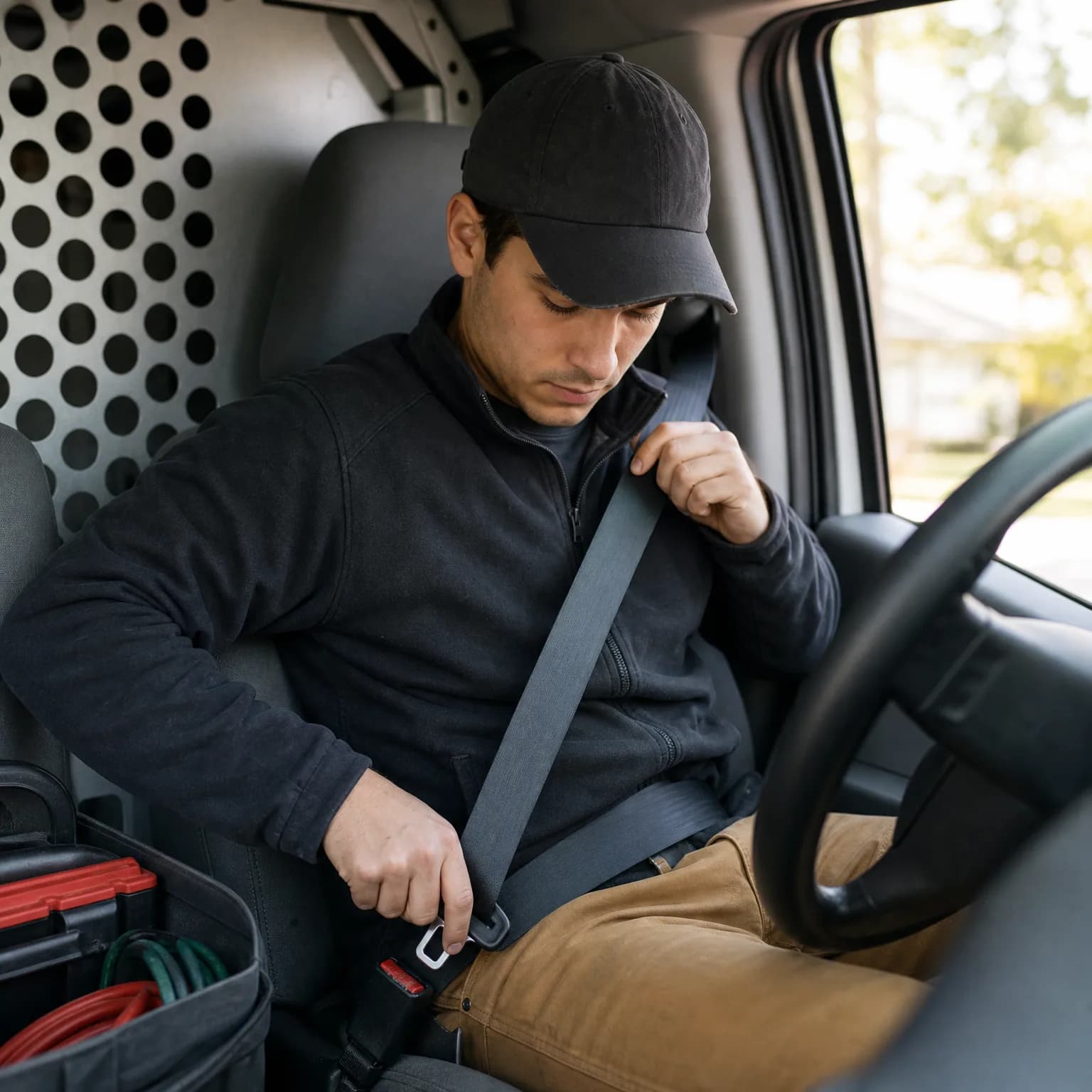 A man in a black cap and dark fleece jacket sits in the driver's seat of a van, pulling the seat belt across his chest toward the buckle, with a steering wheel at right and a toolbox at lower left.