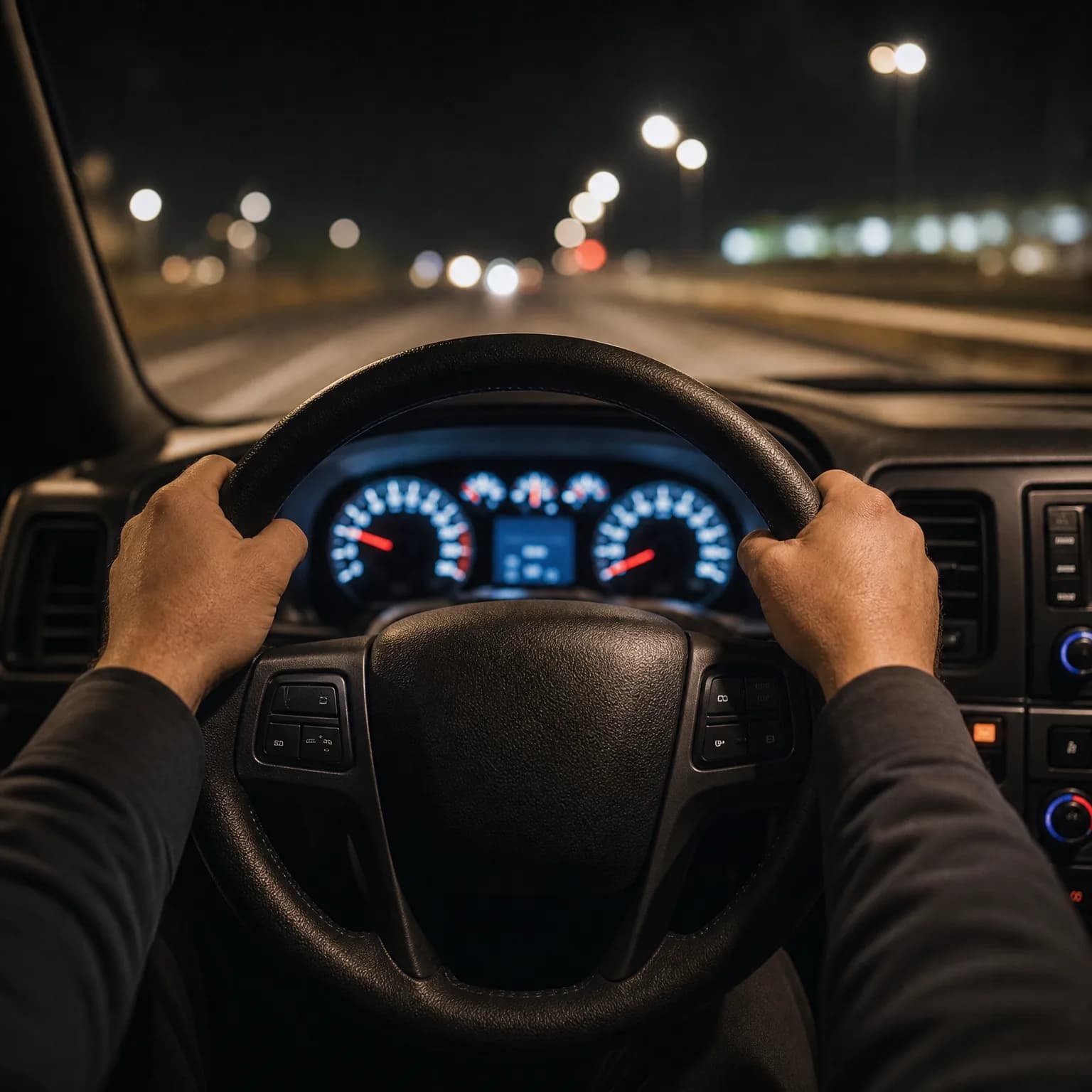 Driver's-eye view from inside a car at night, with two hands gripping the steering wheel, an illuminated instrument cluster behind it, and a road with blurred street lights and oncoming headlights through the windshield.