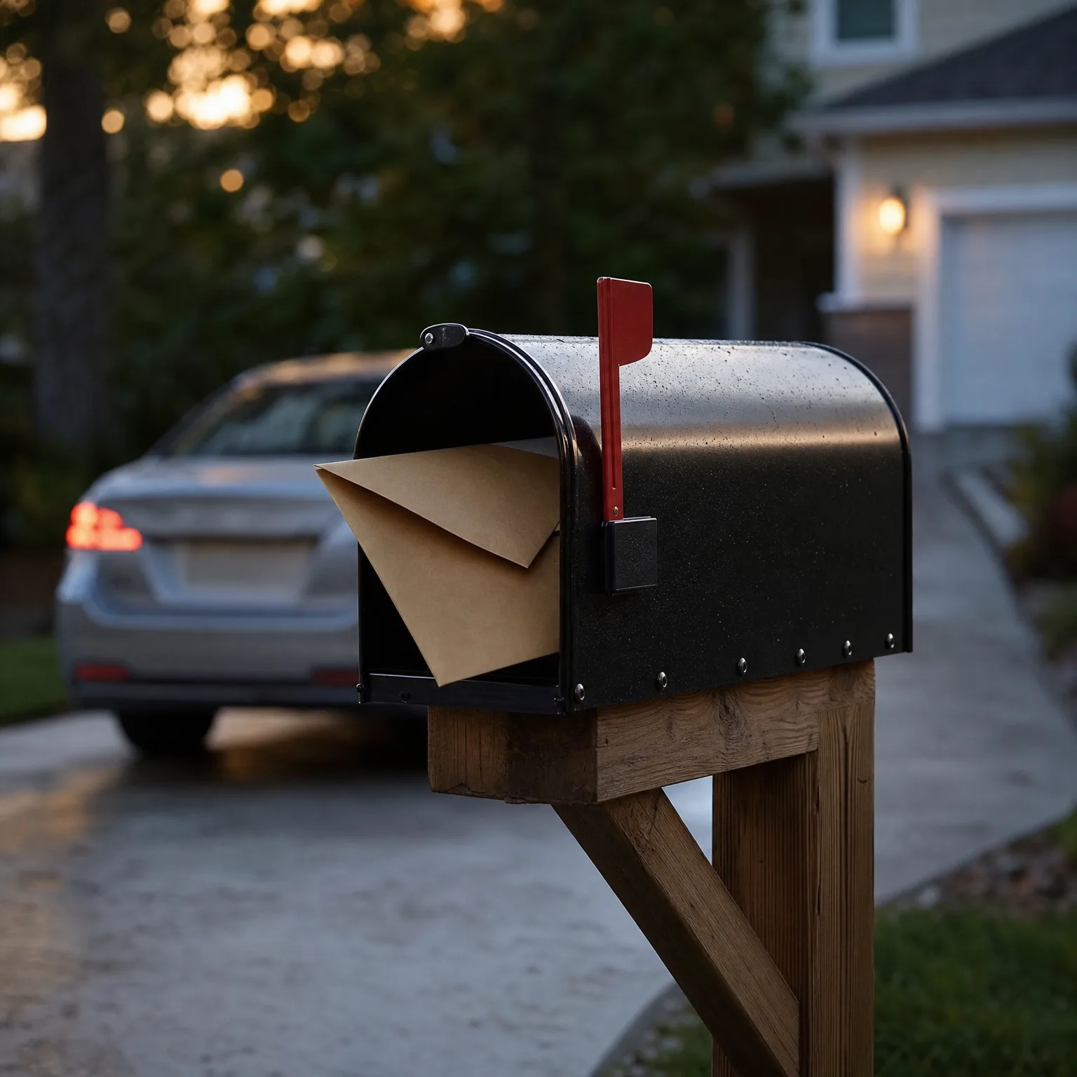 An open black mailbox on a wooden post with a raised red flag holds a large brown envelope, with a silver car parked in a driveway and a house blurred in the background at dusk.