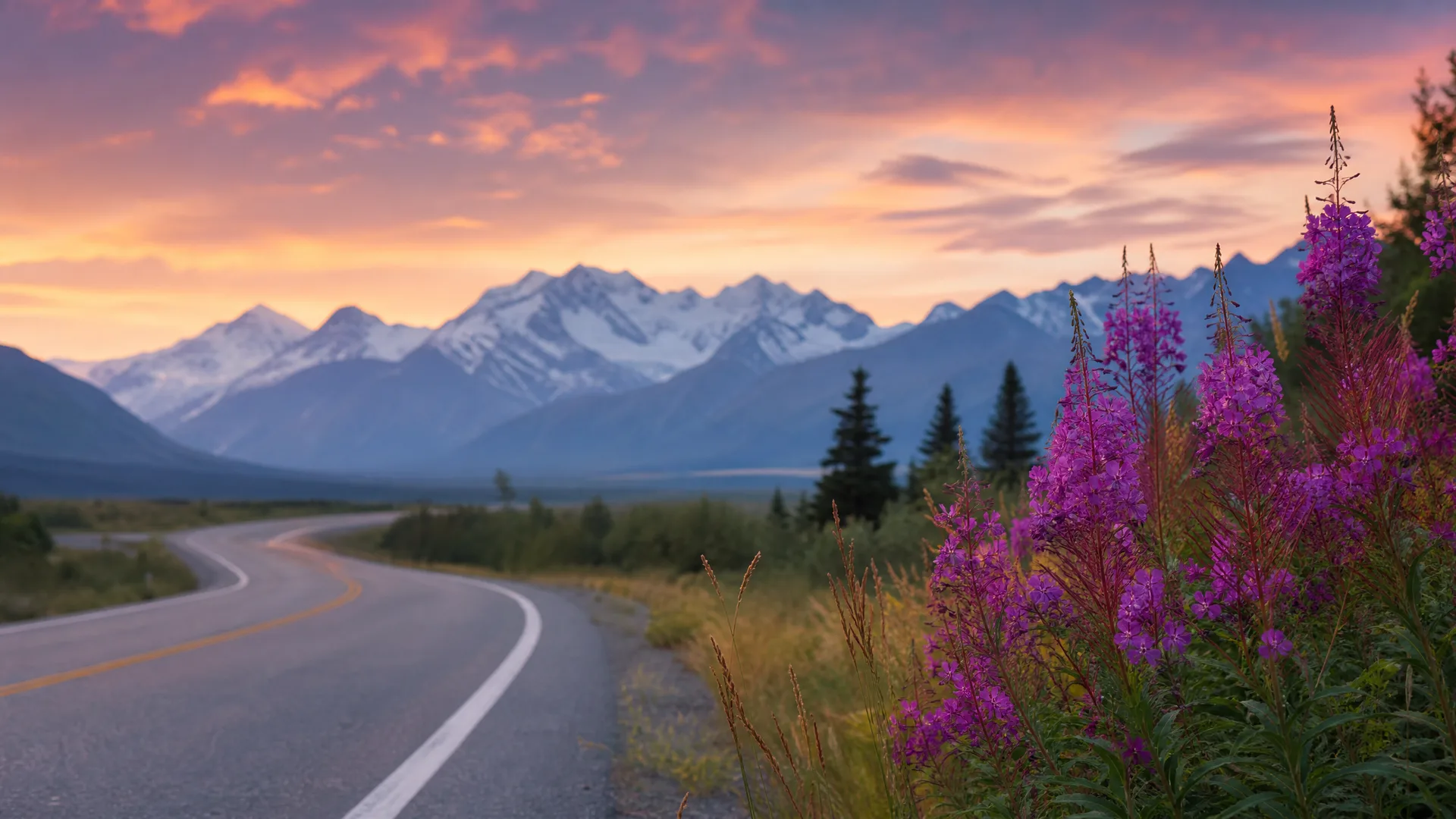 A curving two-lane paved road with yellow center and white edge lines runs toward snow-capped mountains under an orange and pink sky, with tall magenta wildflowers and grasses in the foreground at right.