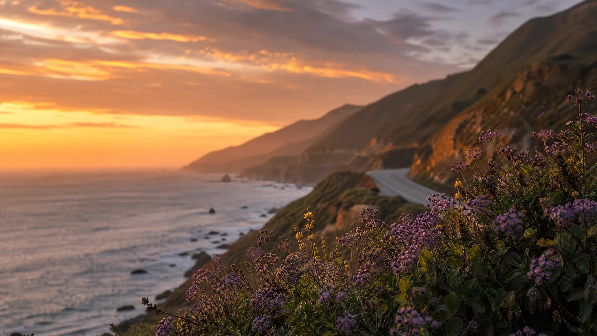 Coastal mountains meeting the ocean at sunset, with a winding road on the hillside and purple and yellow wildflowers in the foreground.