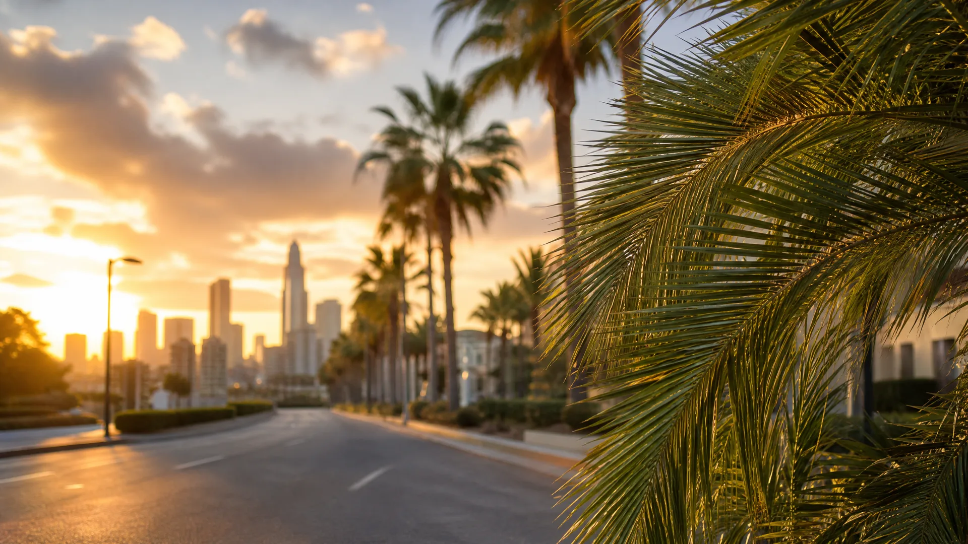 An empty road lined with palm trees leads toward a distant city skyline at sunset, with a large palm frond in sharp focus in the right foreground.