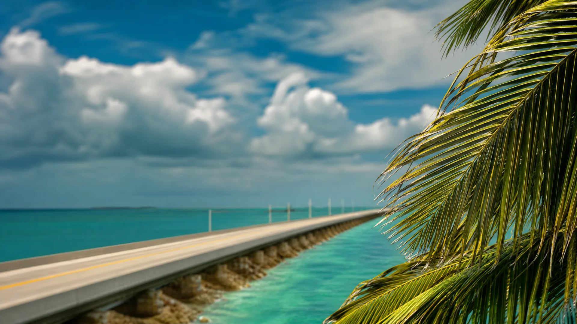 A long low bridge on concrete piers stretches over turquoise water toward the horizon, with palm fronds framing the right side and cumulus clouds in a blue sky.