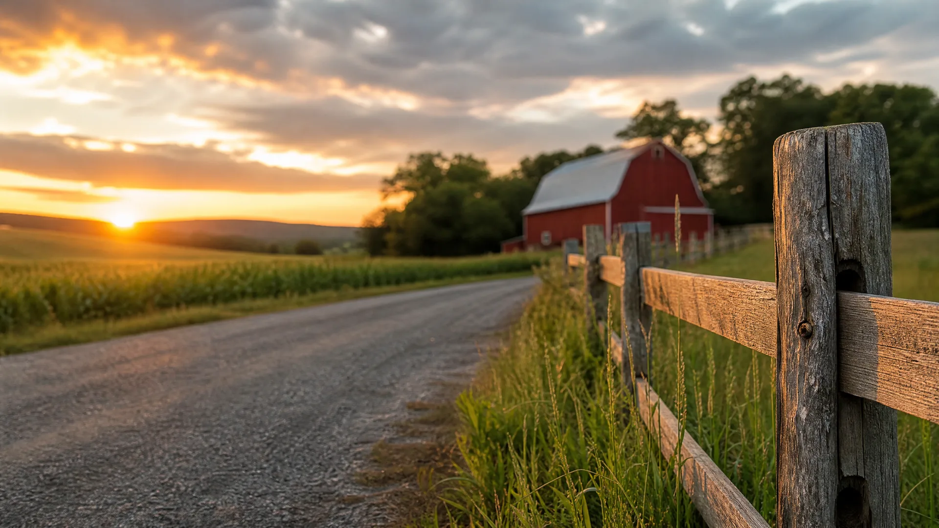 A gravel road beside a cornfield and a weathered wooden post-and-rail fence, with a red barn and trees in the background at sunset.