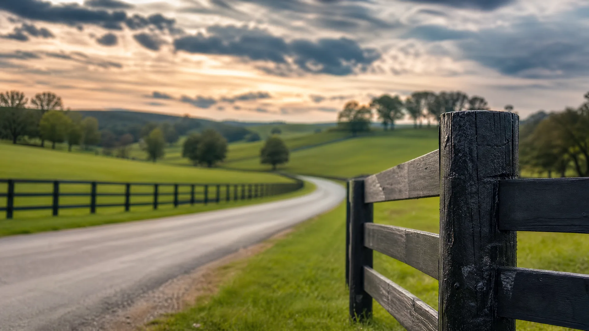A narrow paved road curves through green rolling pasture lined by dark wooden plank fences, with a weathered fence post in sharp focus in the right foreground under a cloudy sky at dusk.