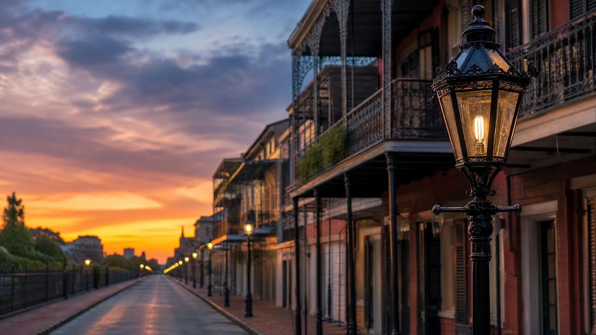 A lit ornate street lamp in the foreground beside a row of buildings with iron-railed balconies along an empty street at sunset, with orange and purple clouds in the sky.