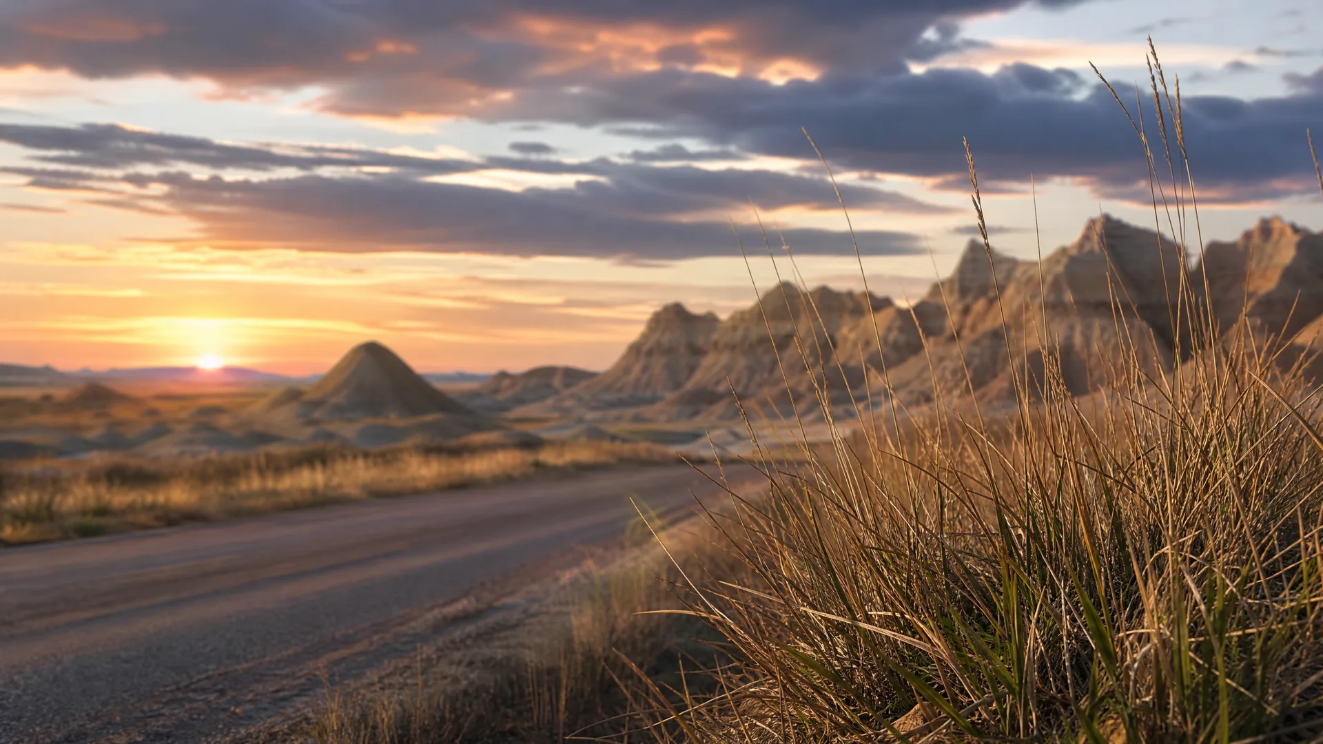 A paved road curves through dry grassland toward eroded ridges and buttes at sunset, with tall golden grasses in sharp focus in the foreground.