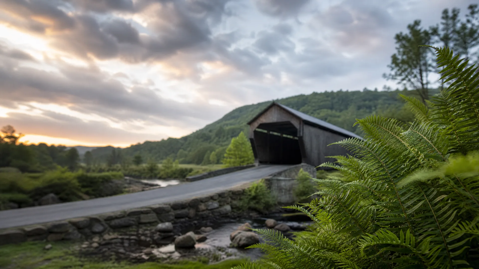 A wooden covered bridge over a stream with a stone abutment and paved road approach, backed by a forested hill under a cloudy sky, with large ferns in the foreground.