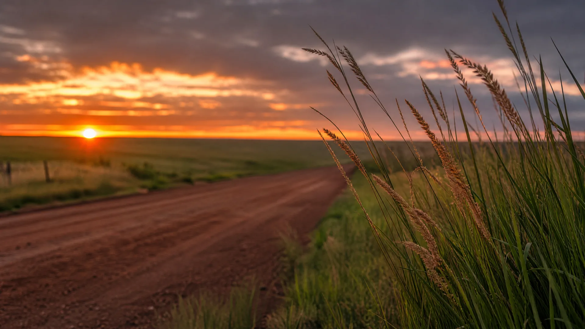A dirt road running through flat grassland at sunset, with tall seed-headed grasses in sharp focus in the right foreground and orange clouds above the horizon.
