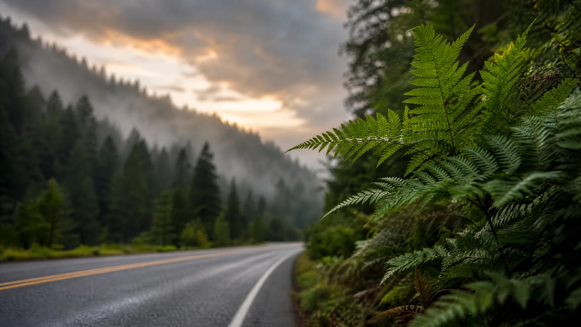 A wet two-lane road with a yellow center line curves past large green ferns in the foreground, with mist-covered conifer-forested hills and a cloudy sky at dusk in the background.