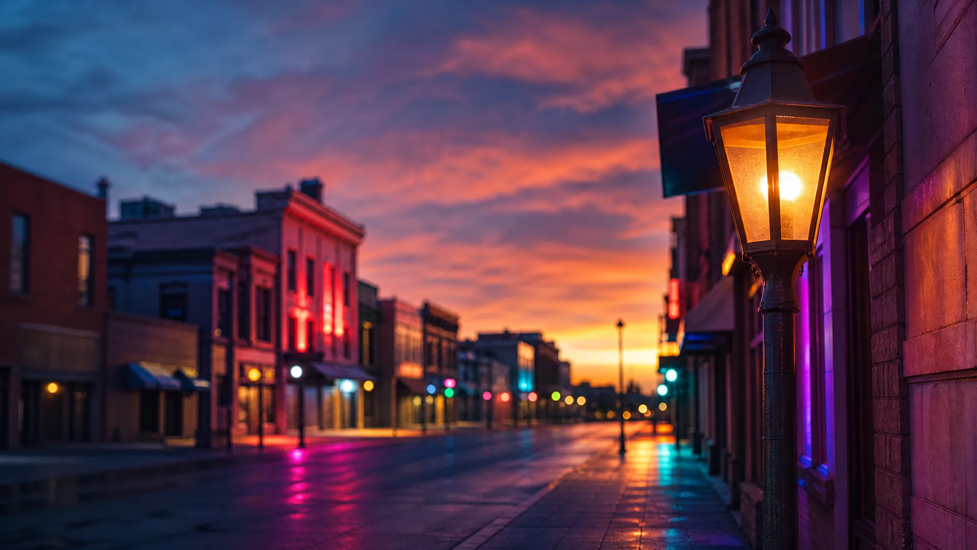 An empty small-town street at dusk with a lit lantern-style lamp post in the foreground, brick storefronts along the left, colored lights reflecting on wet pavement, and an orange and purple sky.