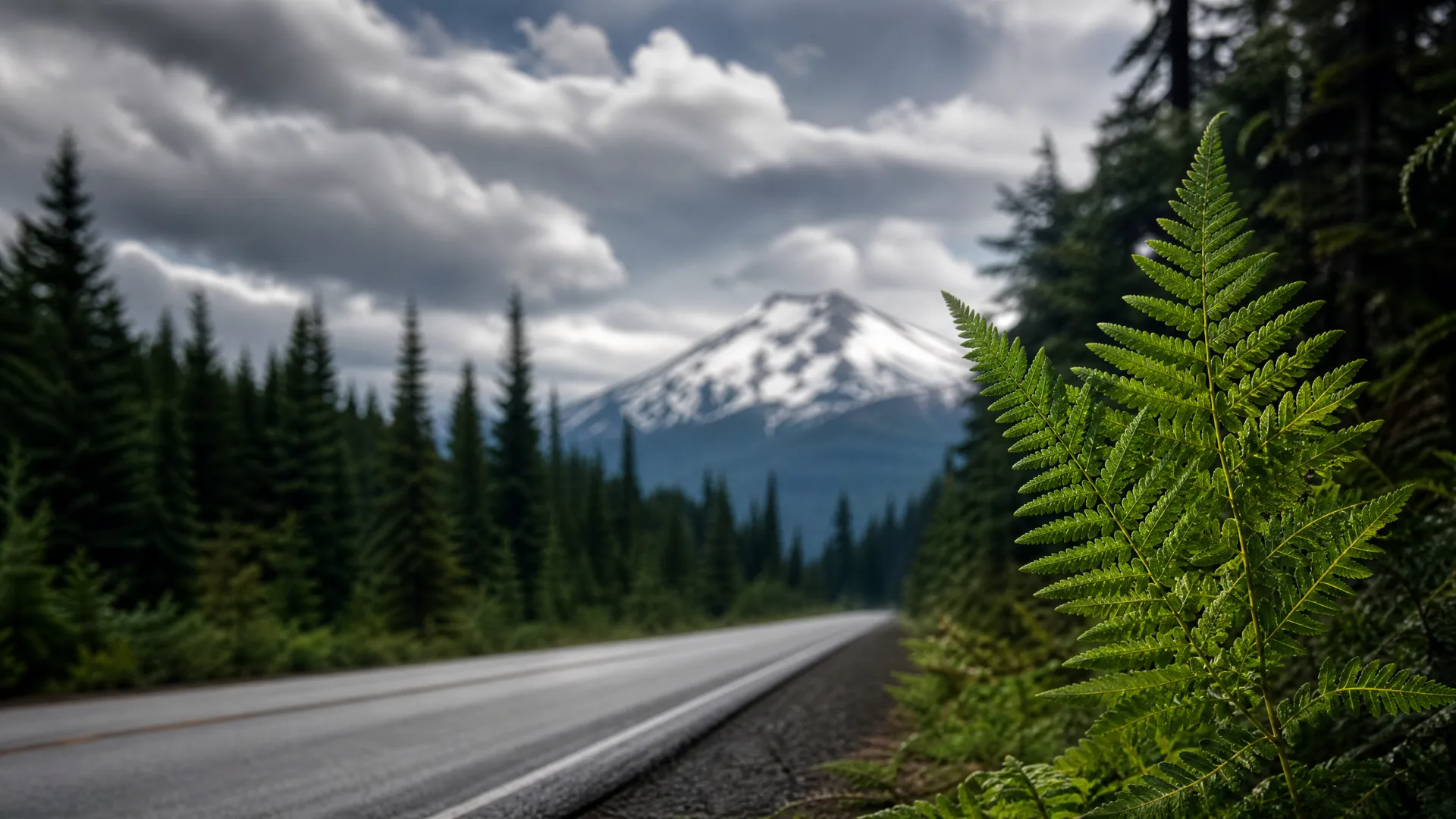 A two-lane paved road curves through conifer forest toward a snow-capped mountain under cloudy skies, with a green fern frond in sharp focus in the right foreground.