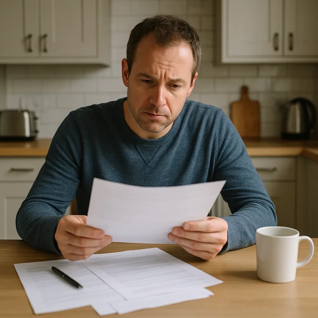 Man reviewing bills and financial documents with concerned expression at kitchen table