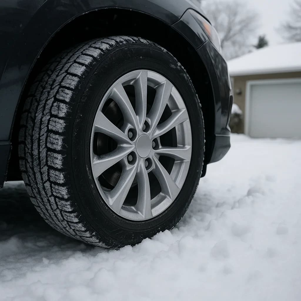 Close-up of car winter tire with snow tread on snowy driveway