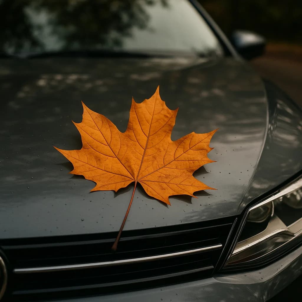 Orange maple leaf on wet car hood with water droplets in autumn